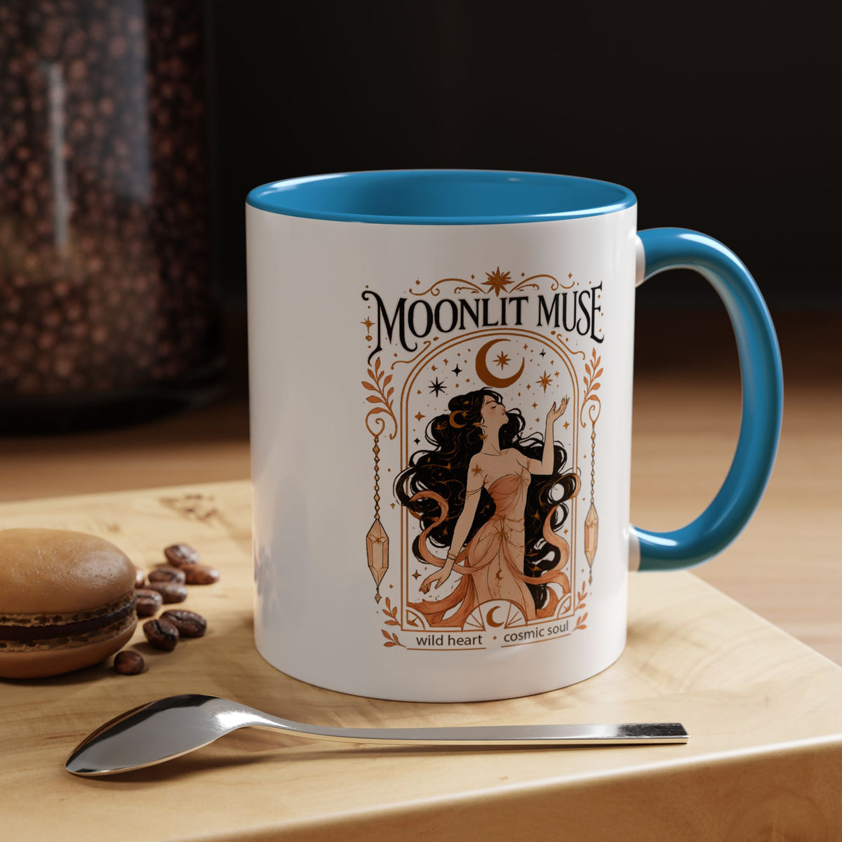 Moonlit Muse Coffee Mug, Celestial Goddess Art Mug, Mystic Moon Aesthetic Cup, Boho Spiritual Gift for Women, Cosmic Soul Coffee Mug