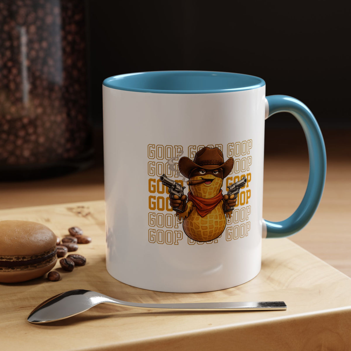 Good Repeating Slogan Cowboy Peanut Mug, Funny Western Office Joke Gift for Coworkers, Sarcastic Outlaw Ceramic Tea Cup with Dark Blue Handle