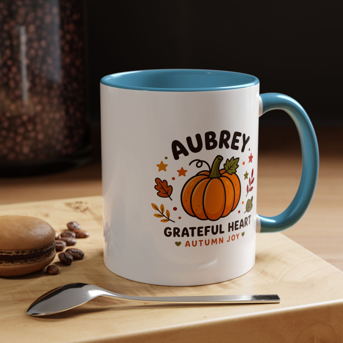 Personalized Pumpkin Name Mug, Custom Aubrey Fall Coffee Cup, Grateful Heart Autumn Gift for Her, Thanksgiving Birthday Keepsake Gift