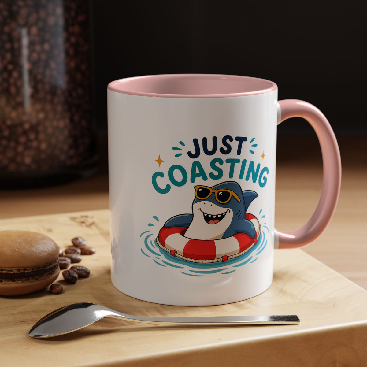 Funny Shark Coffee Mug, Just Coasting Shark Mug, Cute Beach Lover Coffee Cup, Relaxing Summer Vacation Gift for Shark Fans