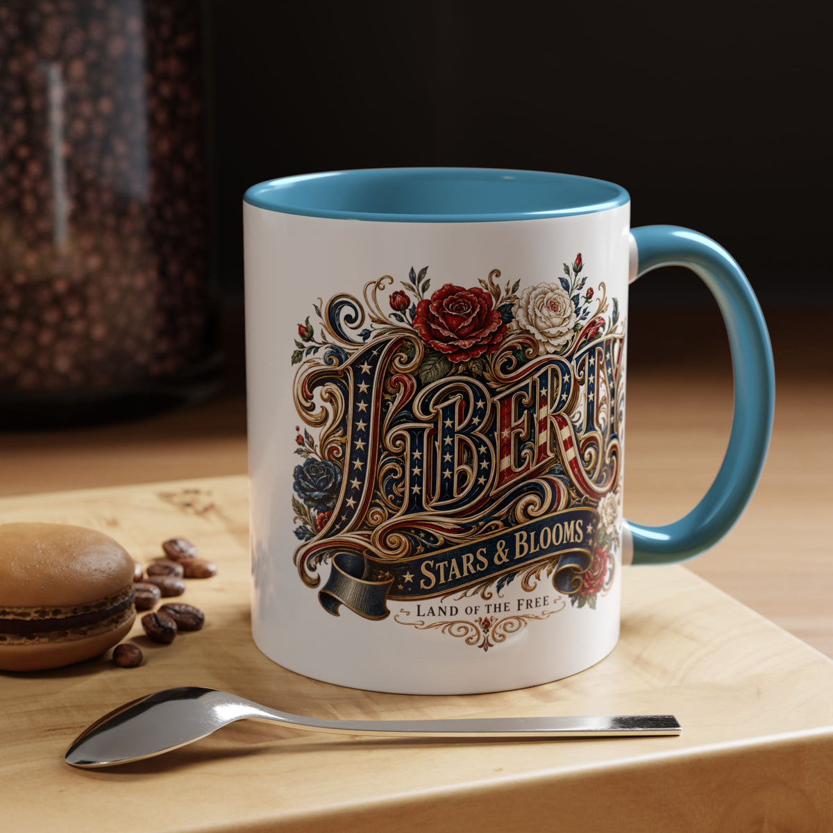 Vintage Patriotic Floral Coffee Mug, Liberty Stars and Blooms Mug, Americana Rose Art Cup, Fourth of July Gift, USA Lover Mug