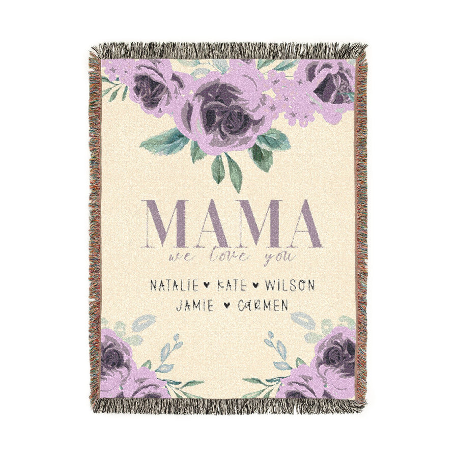 Personalized Mama Blanket, Floral Rose Throw for Mom, Custom Family Name Gift, Mothers Day Gift, Cozy Keepsake for Grandma or Mom