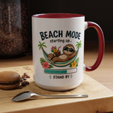 Beach Mode Sloth Coffee Mug, Funny Summer Vacation Gift for Sloth Lovers, Cute Tropical Hammock Ceramic Tea Cup with Blue Handle