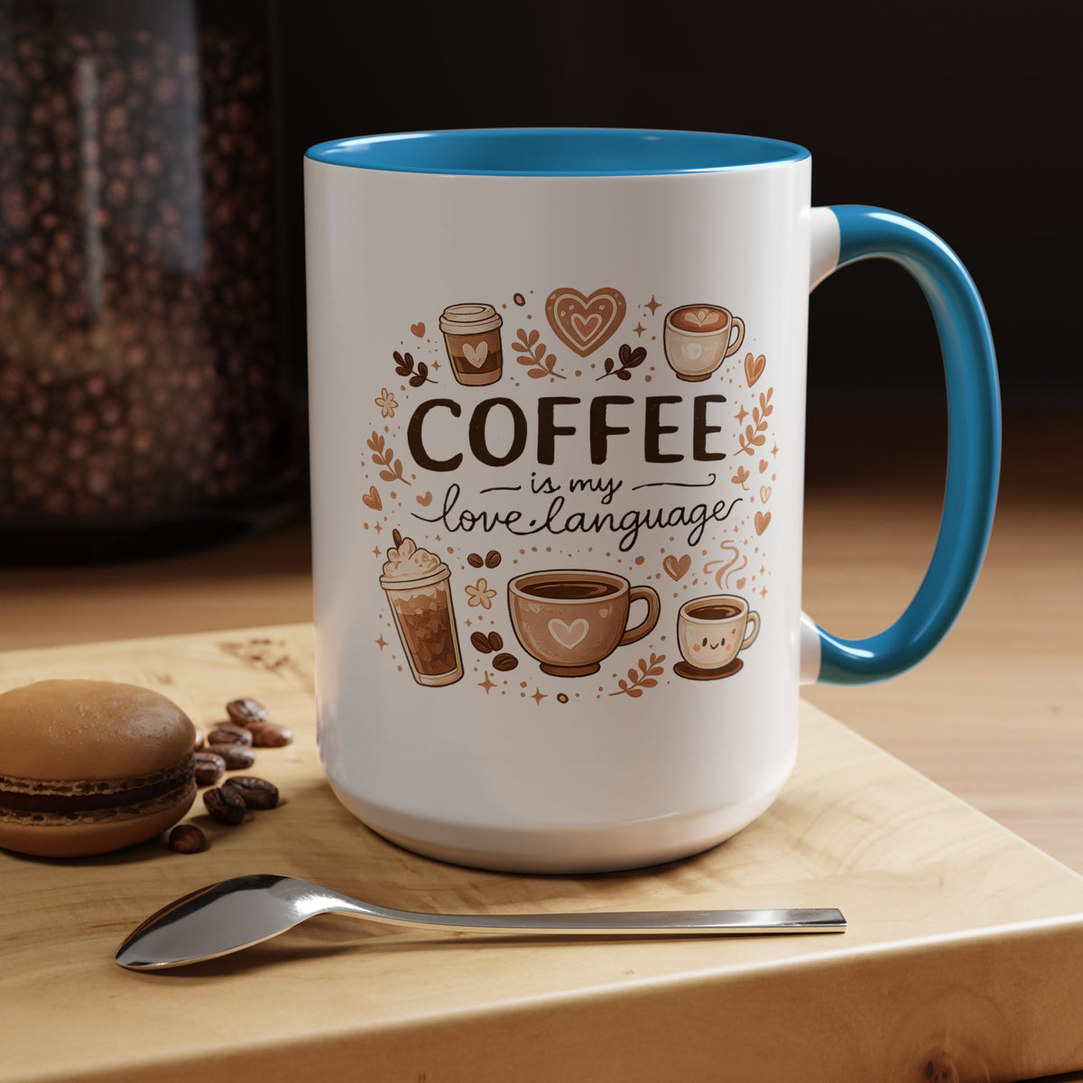 Coffee Is My Love Language Coffee Mug, Cute Cafecito Lover Gift for Her, Aesthetic Barista Latte Ceramic Tea Cup with Pink Handle