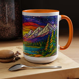 Colorful Sunset Landscape Mug, Stained Glass Nature Coffee Mug, Mountain Lake Art Mug, Outdoor Lover Gift, Scenic Ceramic Cup