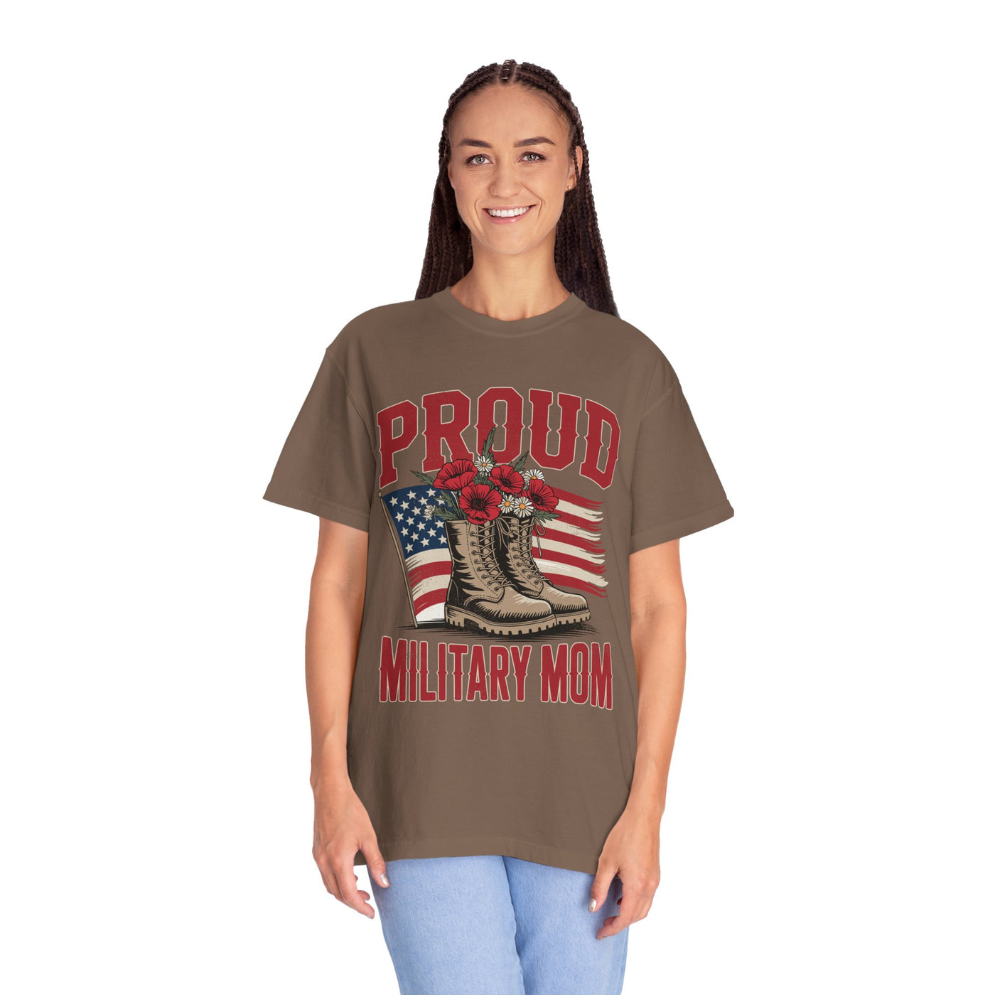 Proud Military Mom Shirt, Patriotic Army Mom T Shirt, Boots and Flowers Graphic Tee, American Flag Family Support Gift