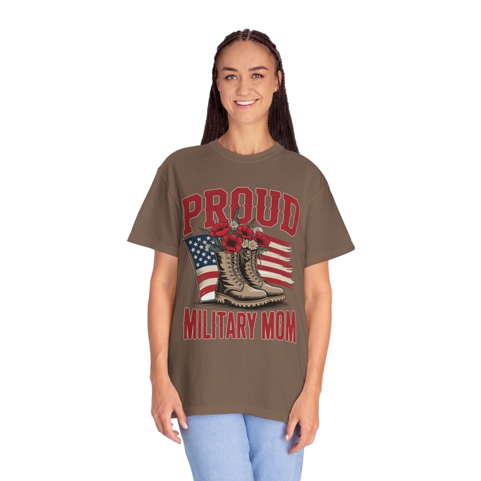 Proud Military Mom Shirt, Patriotic Army Mom T Shirt, Boots and Flowers Graphic Tee, American Flag Family Support Gift