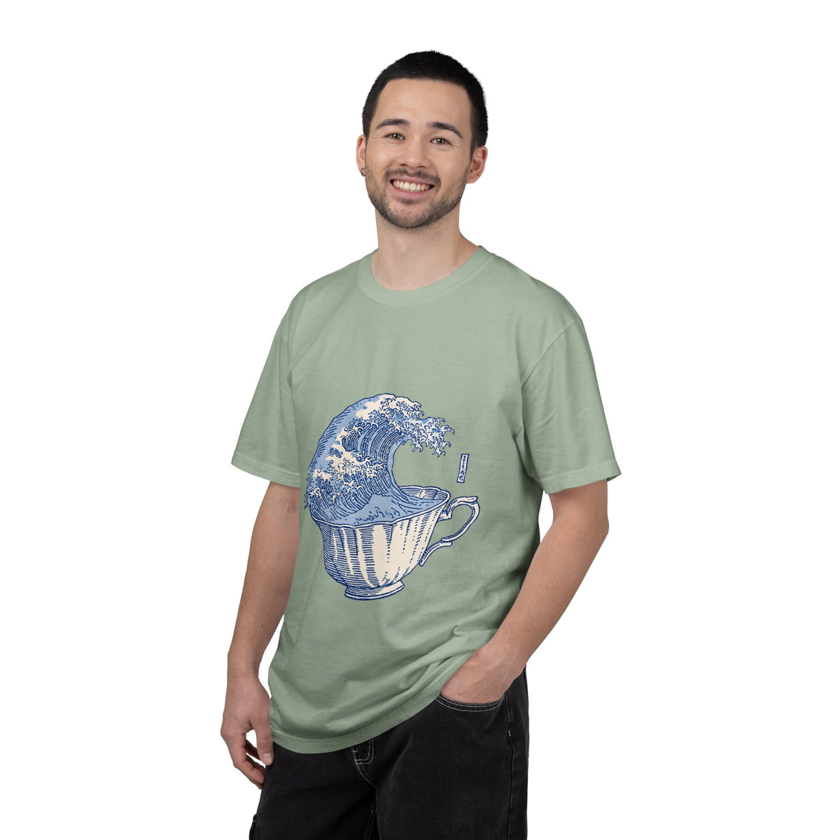 Great Wave Teacup Shirt, Japanese Art Inspired Ocean Graphic, Gift for Tea Lovers and Coastal Art Fans, Casual Cafe Weekend Outfit