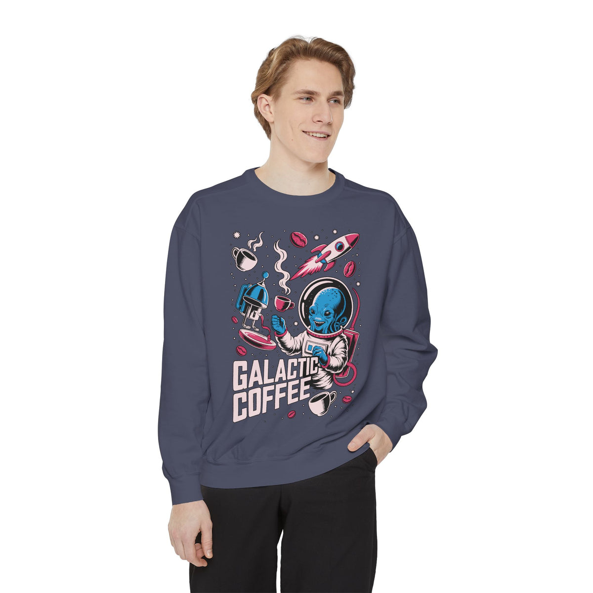 Galactic Coffee Comfort Colors Sweatshirt, Funny Alien Coffee Lover Shirt, Space Nerd Sweatshirt, Sci Fi Gift for Coffee Fans