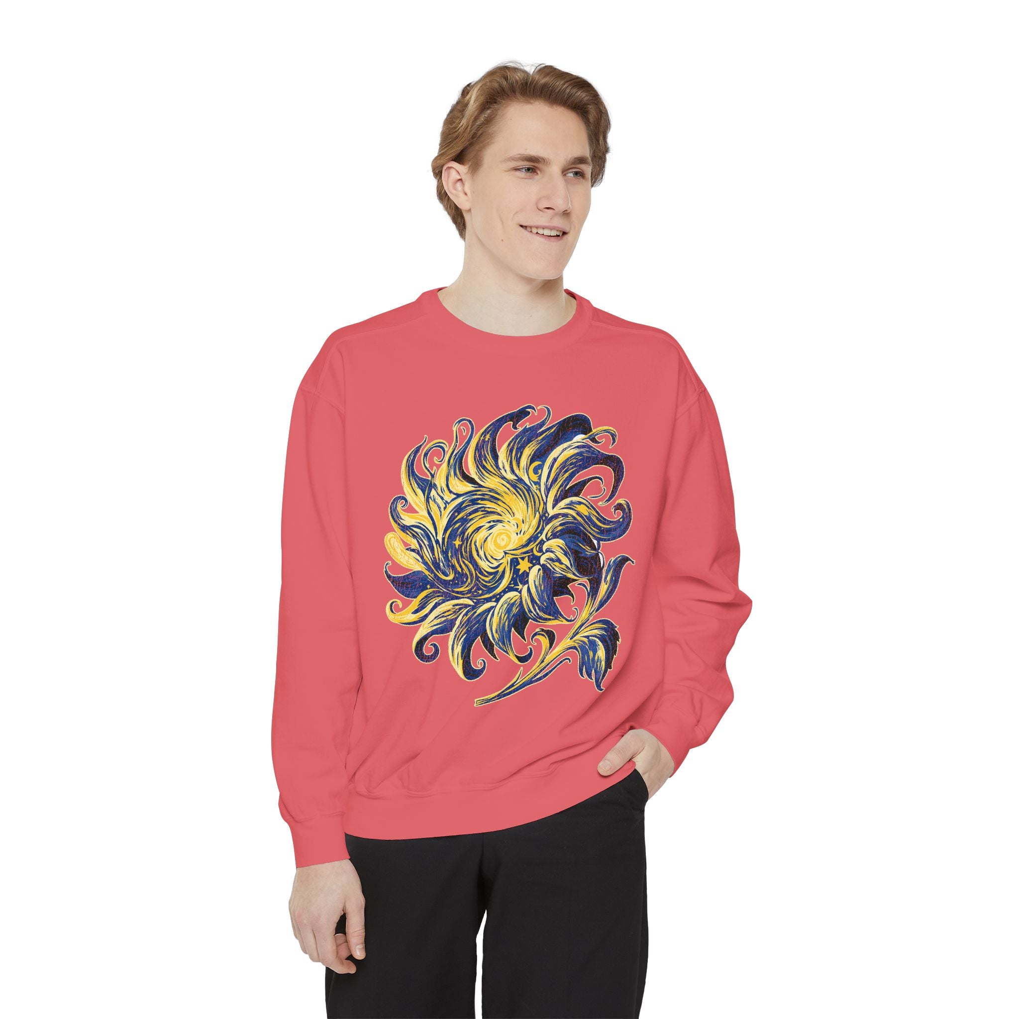 Celestial Sun Graphic Sweatshirt, Blue and Gold Cosmic Pullover, Mystical Night Sky Top, Astrology Gift for Stargazers and Dreamers