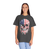 American Flag Skull Shirt, Distressed Patriotic Graphic for Biker Outfits, Fourth of July Style, Birthday Gift for Skull Art Lovers