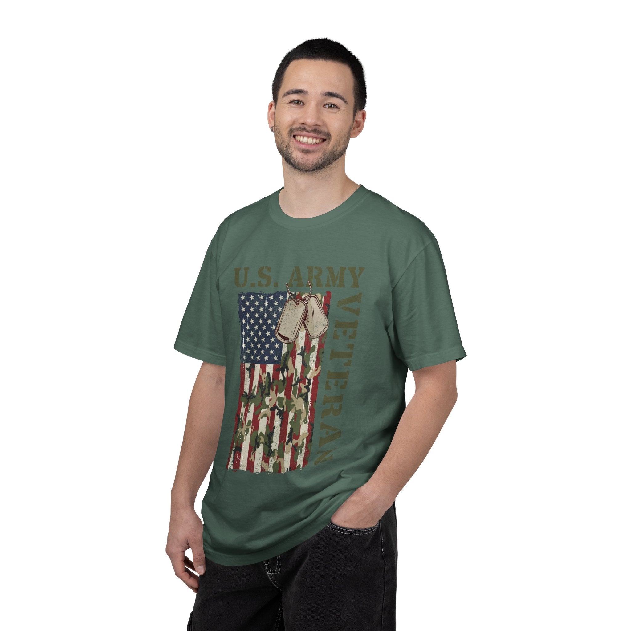 US Army Veteran Shirt, American Flag Camo T-Shirt, Military Dog Tag Tee, Patriotic Gift for Soldier, Retirement or Veterans Day Top