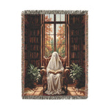 Ghost Reading Woven Blanket, Spooky Library Throw Blanket, Gothic Book Lover Gift, Cozy Halloween Home Decor, Fall Cozy