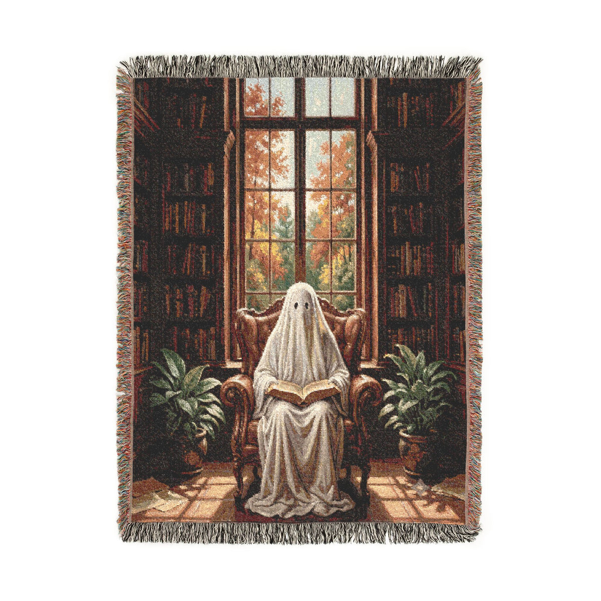 Ghost Reading Woven Blanket, Spooky Library Throw Blanket, Gothic Book Lover Gift, Cozy Halloween Home Decor, Fall Cozy