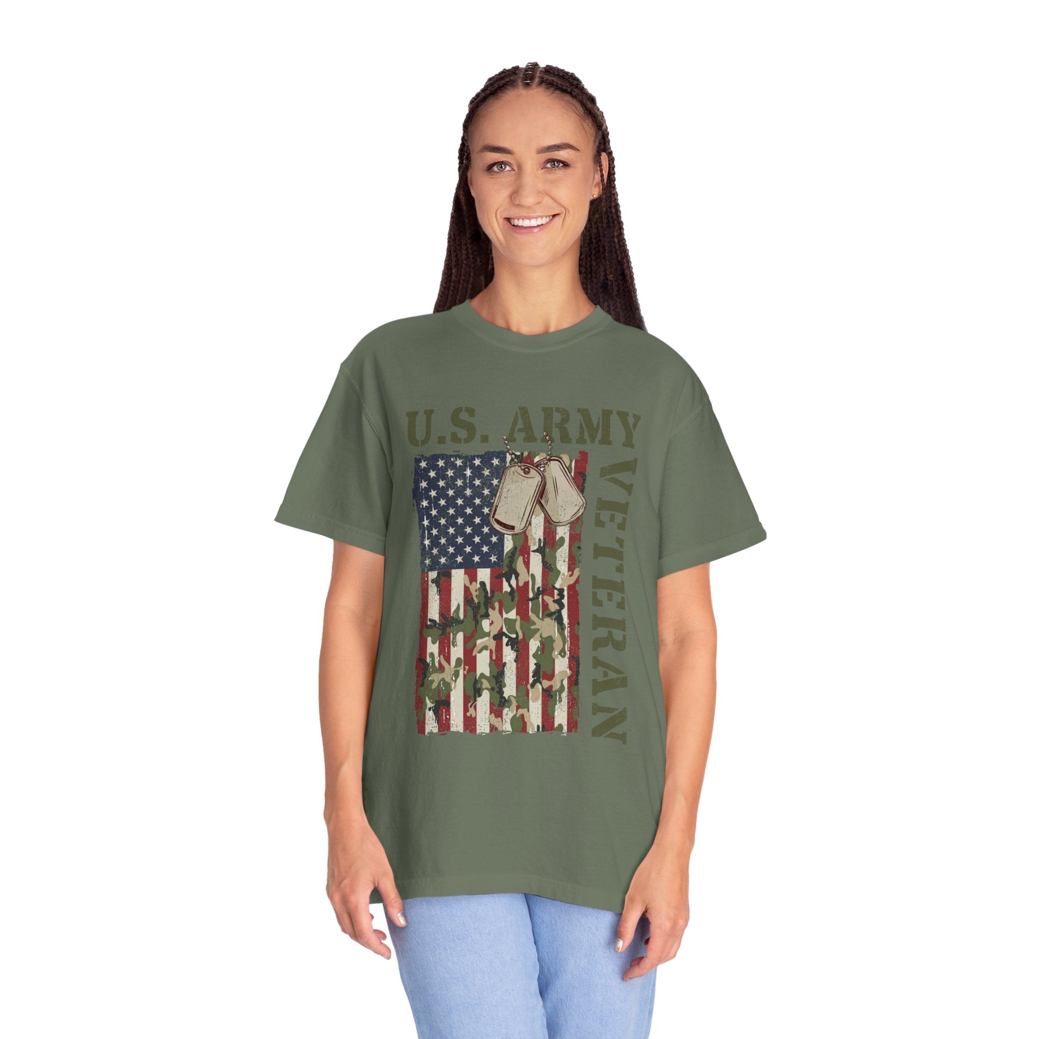 US Army Veteran Shirt, American Flag Camo T-Shirt, Military Dog Tag Tee, Patriotic Gift for Soldier, Retirement or Veterans Day Top