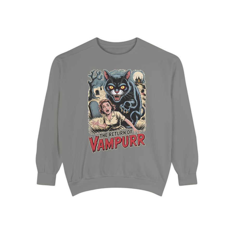 Black Cat Halloween Sweatshirt, The Return of Vampurr Retro Horror Pullover, Funny Spooky Gift for Cat Mom and Vintage Movie Fans Alike