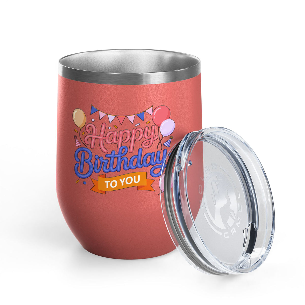 Happy Birthday to You Wine Tumbler, Pink and Blue Balloons with Party Bunting, Colorful Drinkware Gift for a Sister or Best Friend's Party