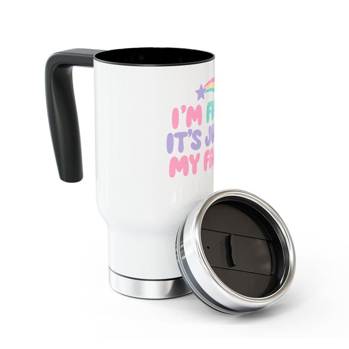 Funny Sarcastic Travel Mug with Handle, I'm Fine It's Just My Face Pastel Quote, Coffee Lover Gift for a Best Friend or Office Coworker