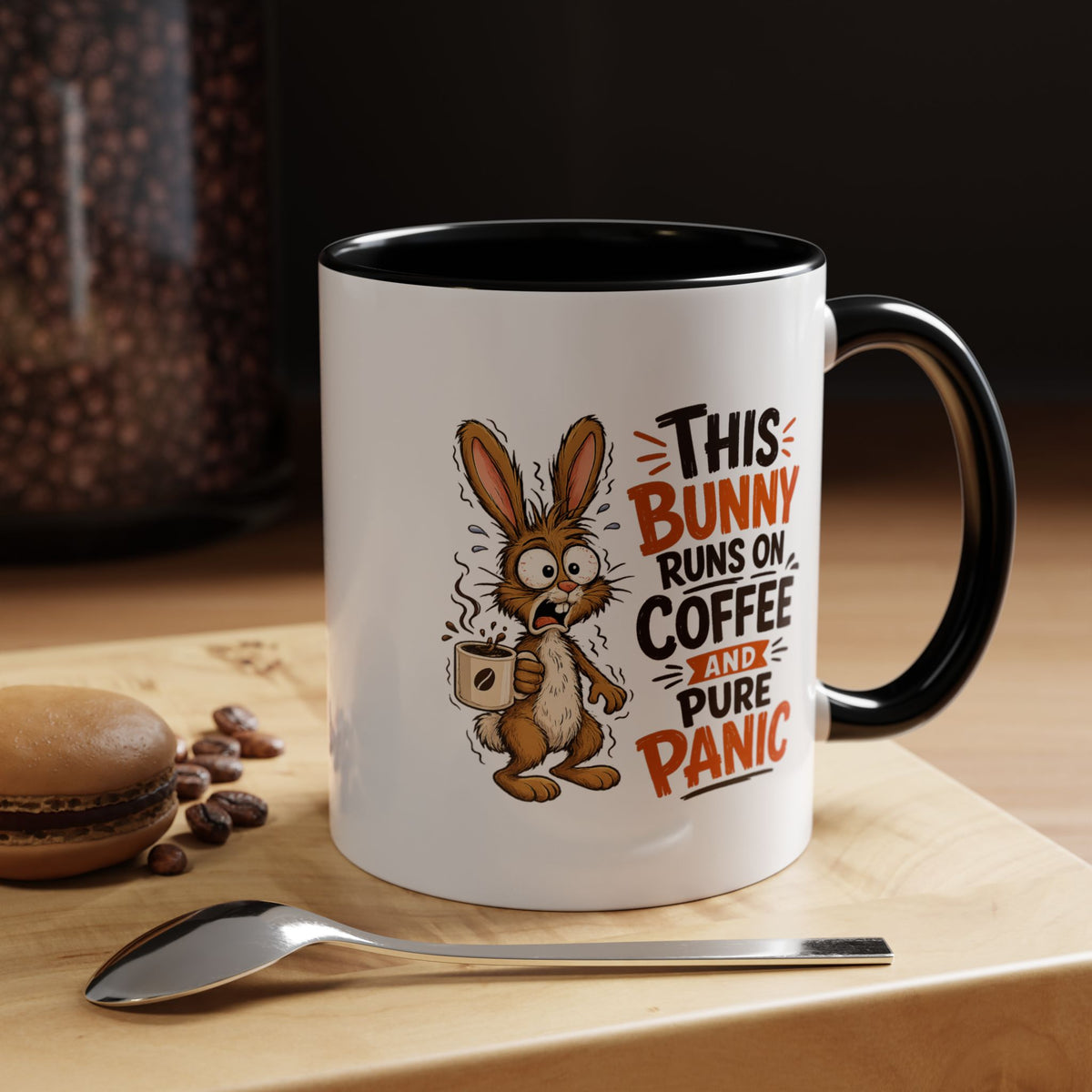 This Bunny Runs on Coffee and Pure Panic Coffee Mug, Funny Rabbit Lover Gift for Friends, Cute Sarcastic Ceramic Tea Cup with Black Handle
