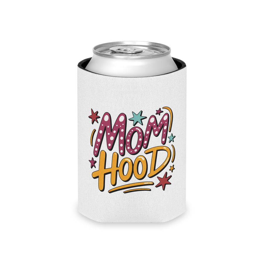 A white can cooler on a drink can, printed with "MOM HOOD" in pink polka-dot and yellow lettering with scattered stars.