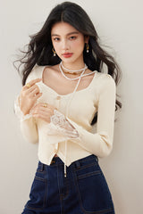 Fashionable  Heart-Necklace Lace Trim Knitted Sweater for Women Slim Fit Pullover