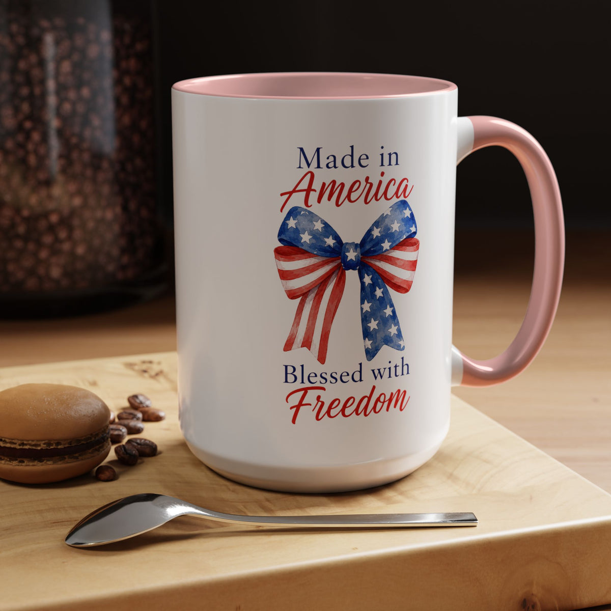 Made in America Blessed with Freedom Mug, Patriotic American Flag Bow Coffee Mug, USA Pride Gift for Women, Fourth of July Cup