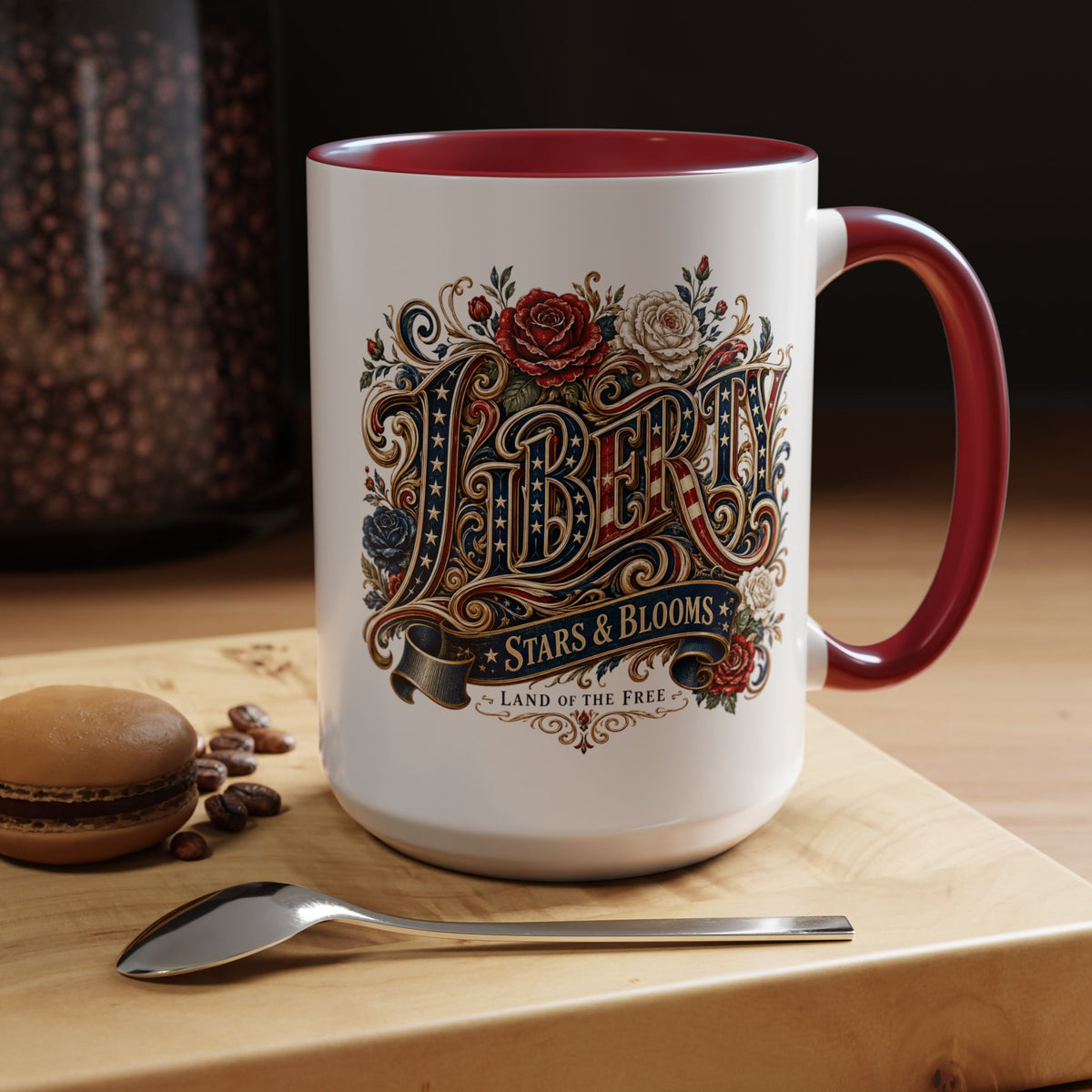 Vintage Patriotic Floral Coffee Mug, Liberty Stars and Blooms Mug, Americana Rose Art Cup, Fourth of July Gift, USA Lover Mug