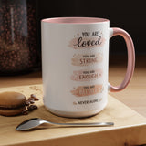 You Are Loved Strong Enough Blessed Coffee Mug, Encouraging Mental Health Gift for Friends, Cute Inspirational Daily Affirmations Tea Cup with Pink Handle