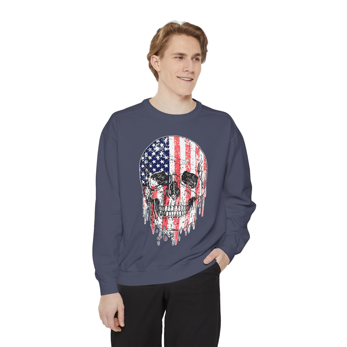 American Flag Skull Sweatshirt, Distressed Patriotic Graphic for Biker Outfits, Fourth of July Style, Birthday Gift for Skull Art Lovers