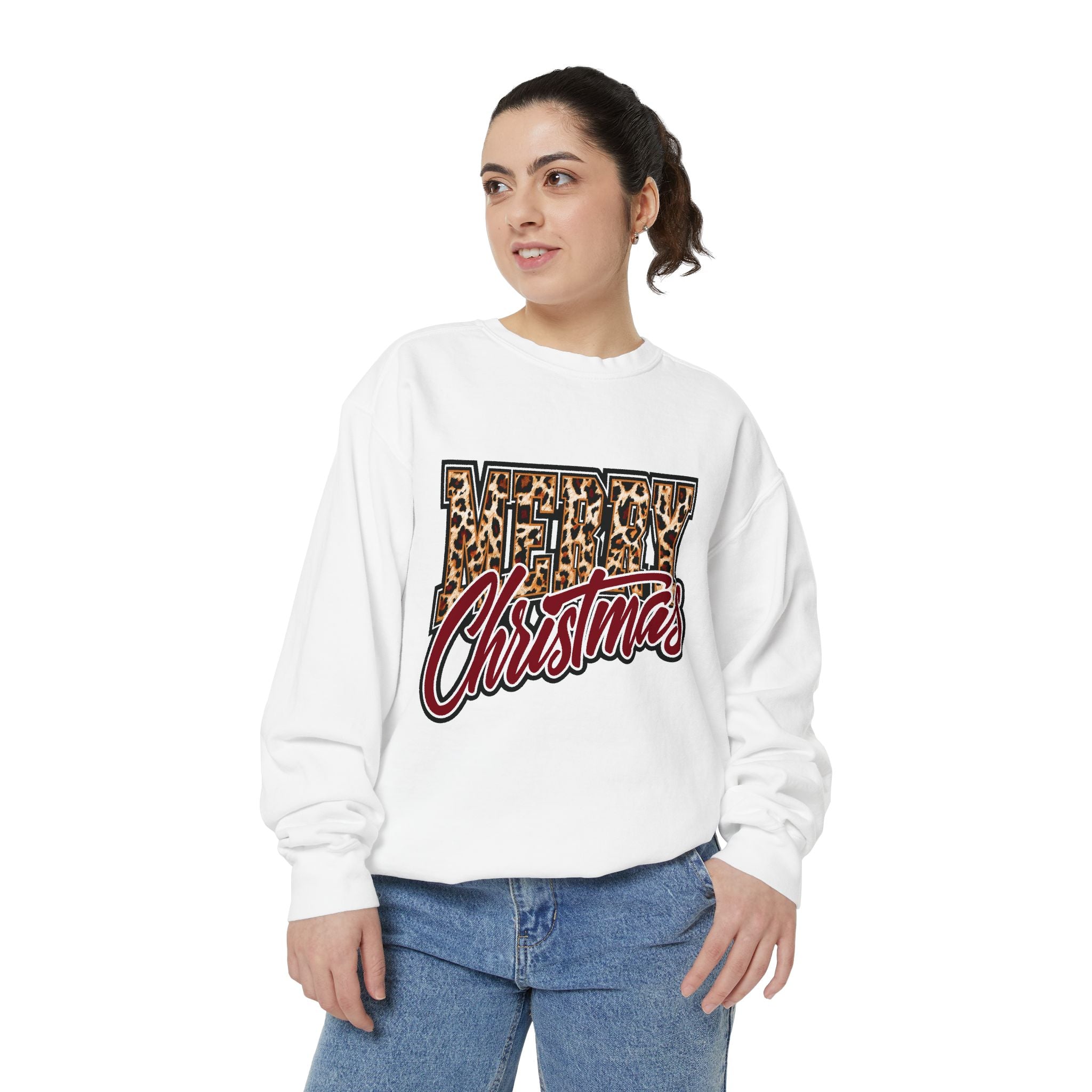 Merry Christmas Leopard Print Sweatshirt, Trendy Holiday Crewneck, Cheetah Lettering Pullover, Festive Gift for Women, Mom or Teacher