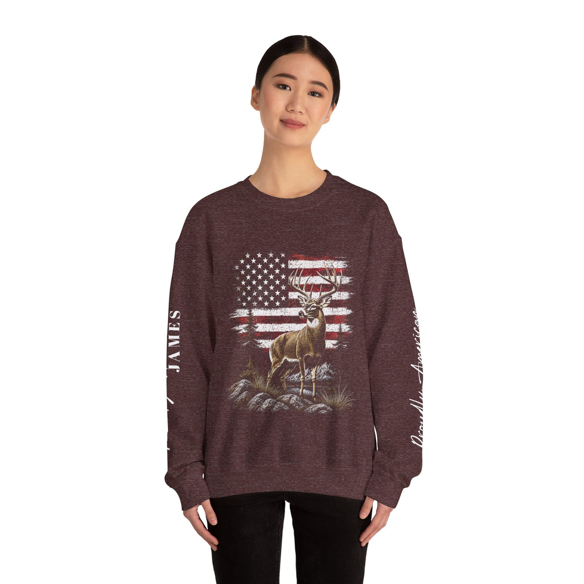 Personalized Hunting Sweatshirt, Custom Deer American Flag Pullover, Patriotic Outdoorsman Crewneck, Hunter Gift, Personalized Family Shirt