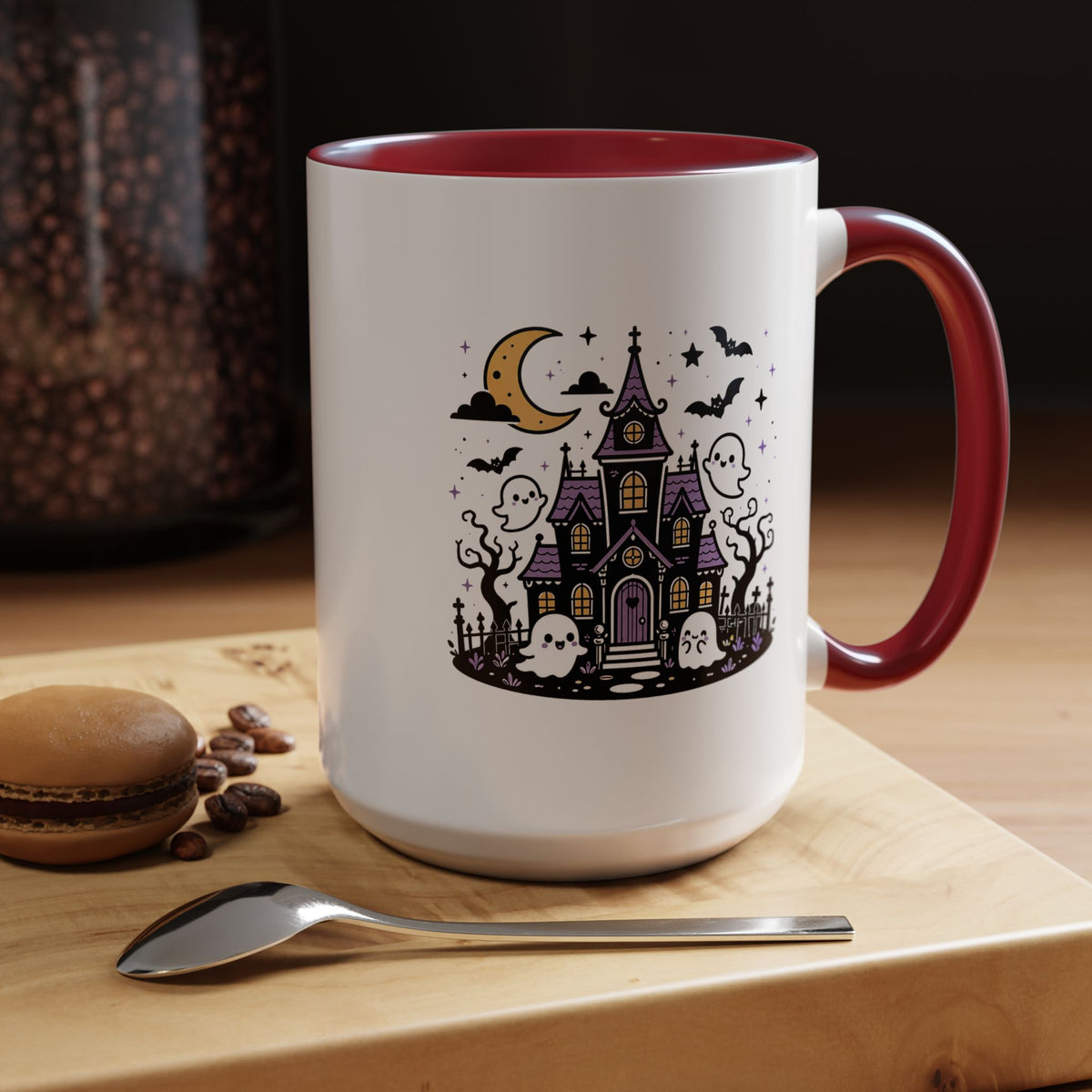 Cute Haunted House Mug, Kawaii Ghost Halloween Coffee Cup, Spooky Season Gift for Her, Purple Witchy Decor, Cozy Fall Birthday Present