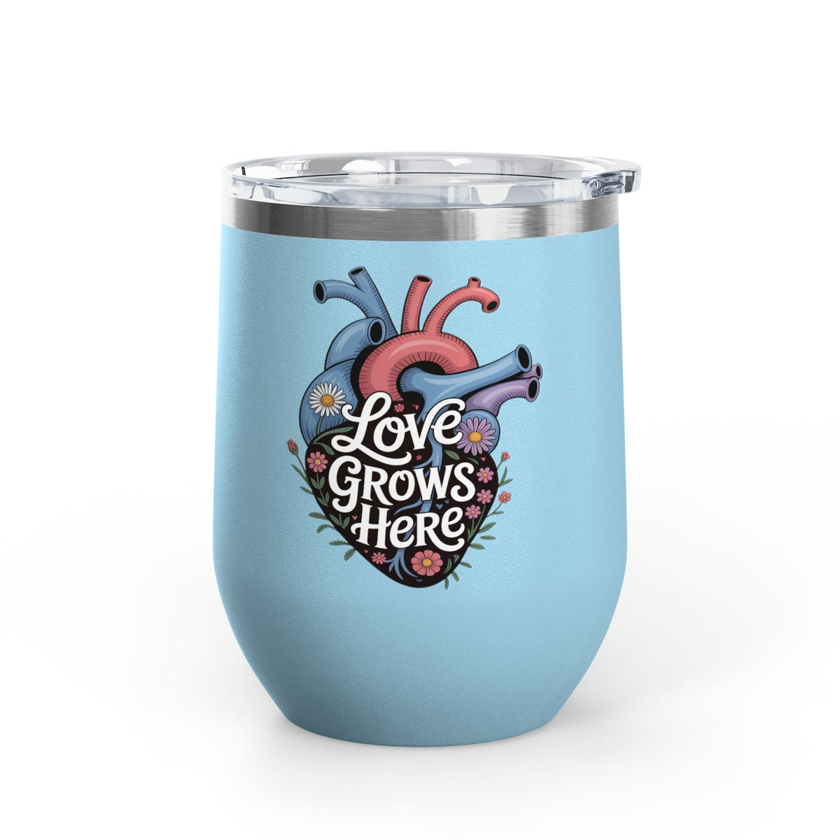 Anatomical Heart Wine Tumbler, Love Grows Here Floral Drinkware, Mental Health Gift, Self Love Present, Encouraging Gift for Her
