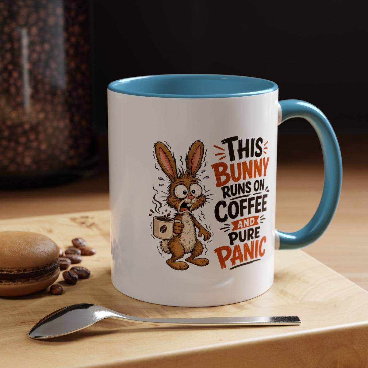 This Bunny Runs on Coffee and Pure Panic Coffee Mug, Funny Rabbit Lover Gift for Friends, Cute Sarcastic Ceramic Tea Cup with Black Handle