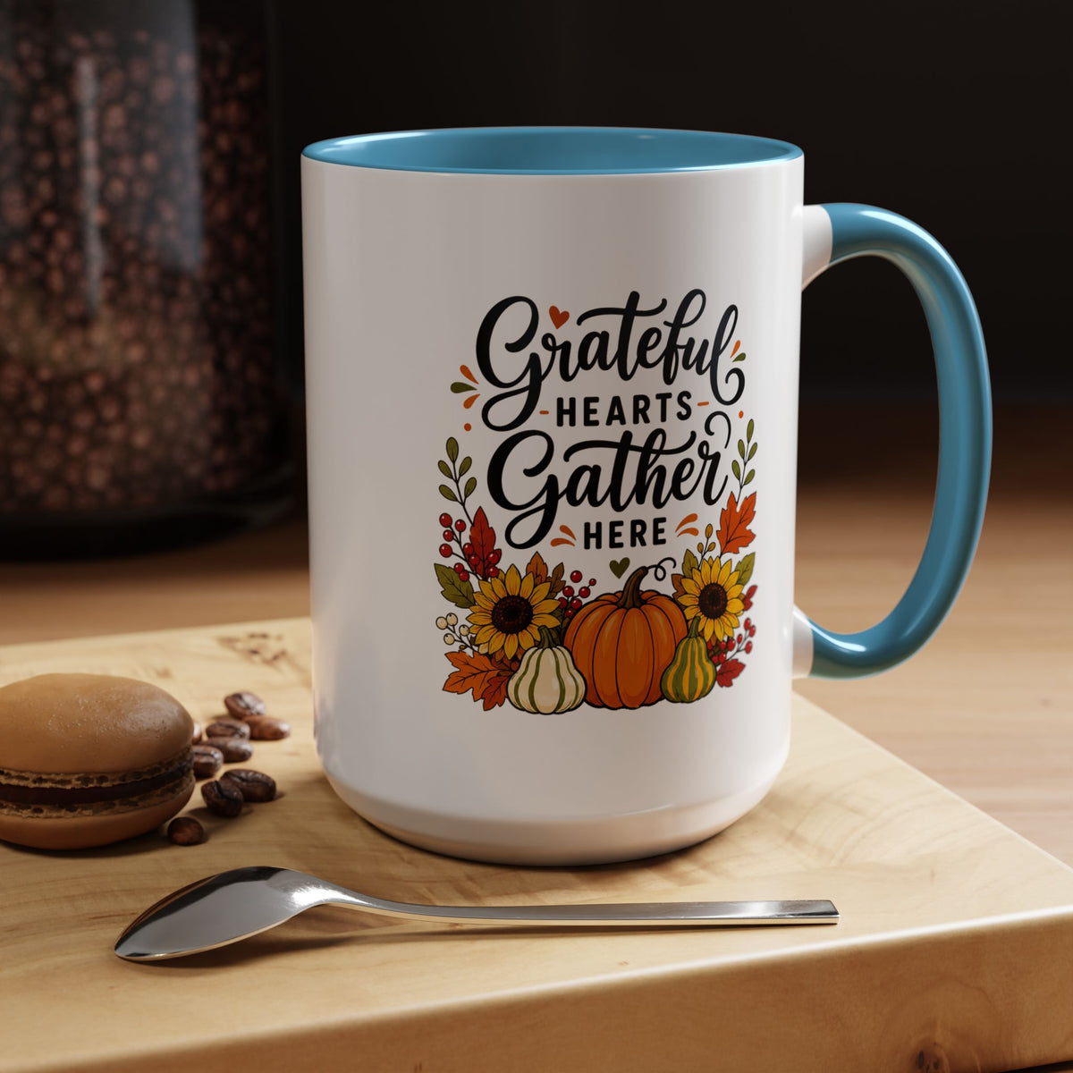 Grateful Hearts Gather Here Mug, Thanksgiving Pumpkin Coffee Cup, Rustic Fall Hostess Gift, Sunflower Harvest Kitchen Decor