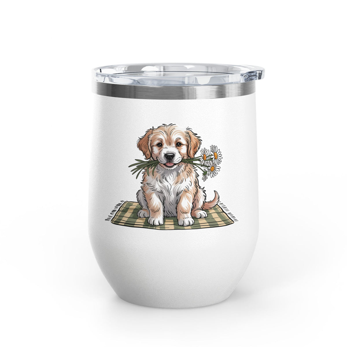 Golden Puppy Wine Tumbler, Cute Dog and Flower Cup, Gift for Dog Moms, Puppy Lovers, Pet Parents and Animal Lovers