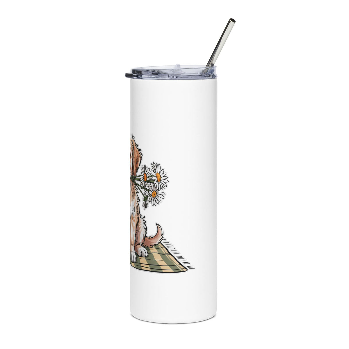 Golden Puppy Skinny Tumbler, Cute Dog and Flower Cup, Gift for Dog Moms, Puppy Lovers, Pet Parents and Animal Lovers