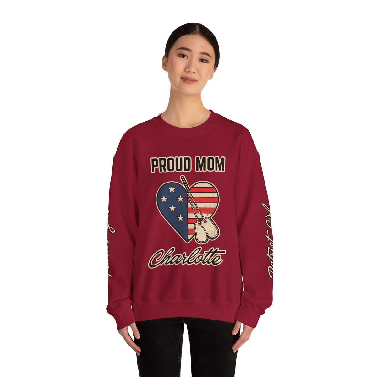 Personalized Proud Mom Sweatshirt, Custom Military Mom Pullover, American Flag Heart Crewneck, Military Mom Gift, Patriotic Mother Shirt