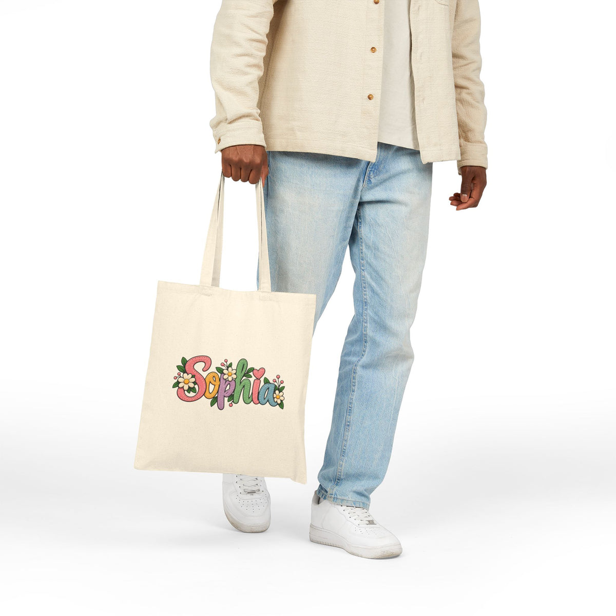 Personalized Name Tote Bag, Natural Cotton Canvas 15x16, Pastel Floral Lettering, Daisy Heart Custom Shopper