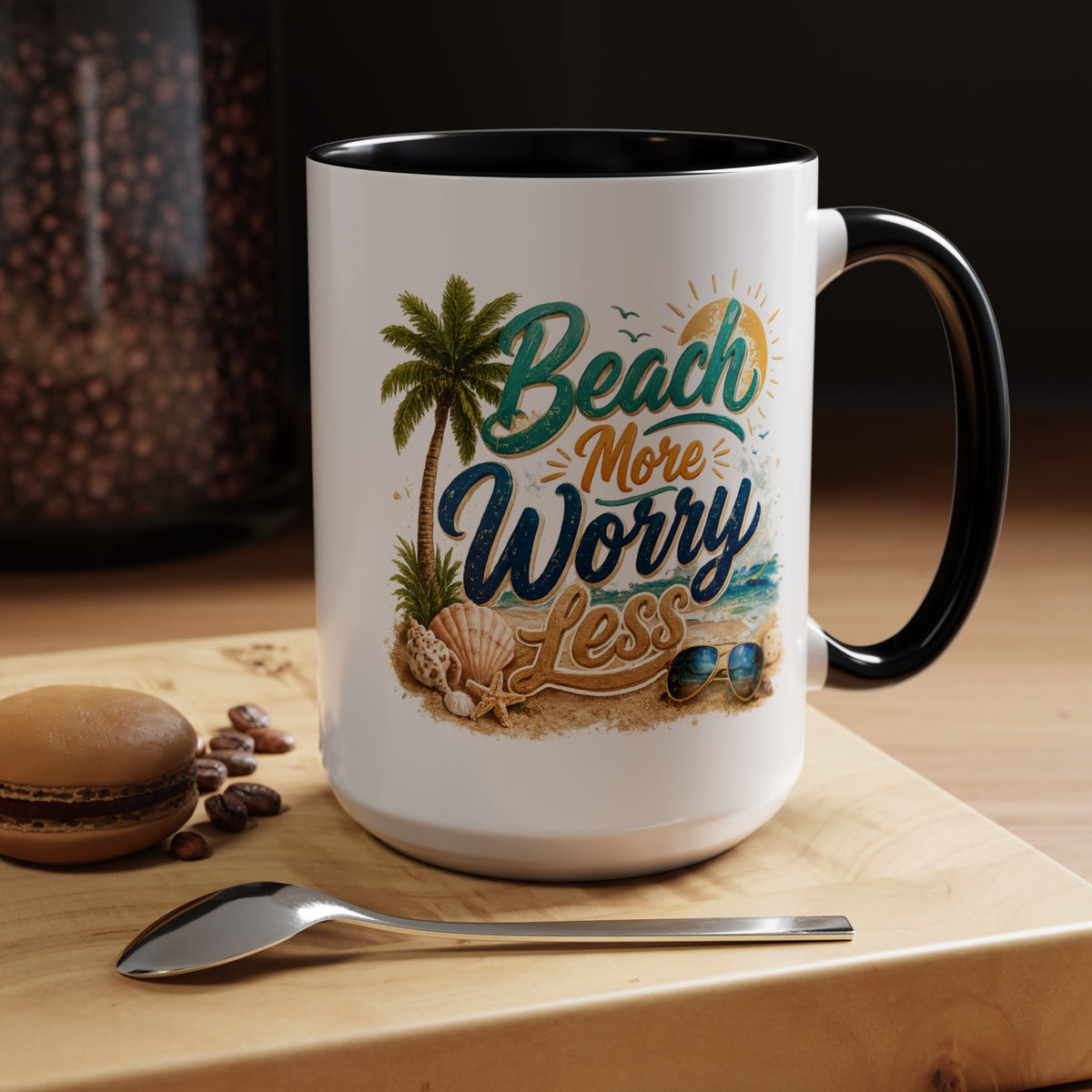 Beach More Worry Less Coffee Mug, Summer Vacation Gift for Ocean Lovers, Cute Tropical Palm Tree Ceramic Tea Cup with Dark Blue Handle