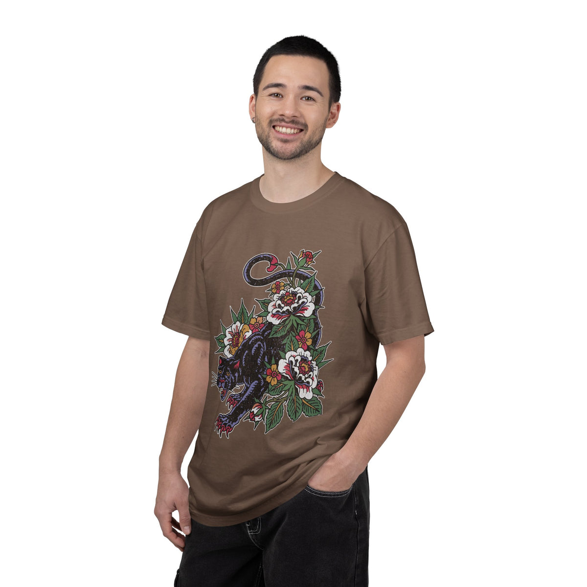 Traditional Panther Graphic Shirt, Floral Tattoo T-Shirt for Men and Women, Old School Big Cat Tee, Alternative Art Gift for Tattoo Fans