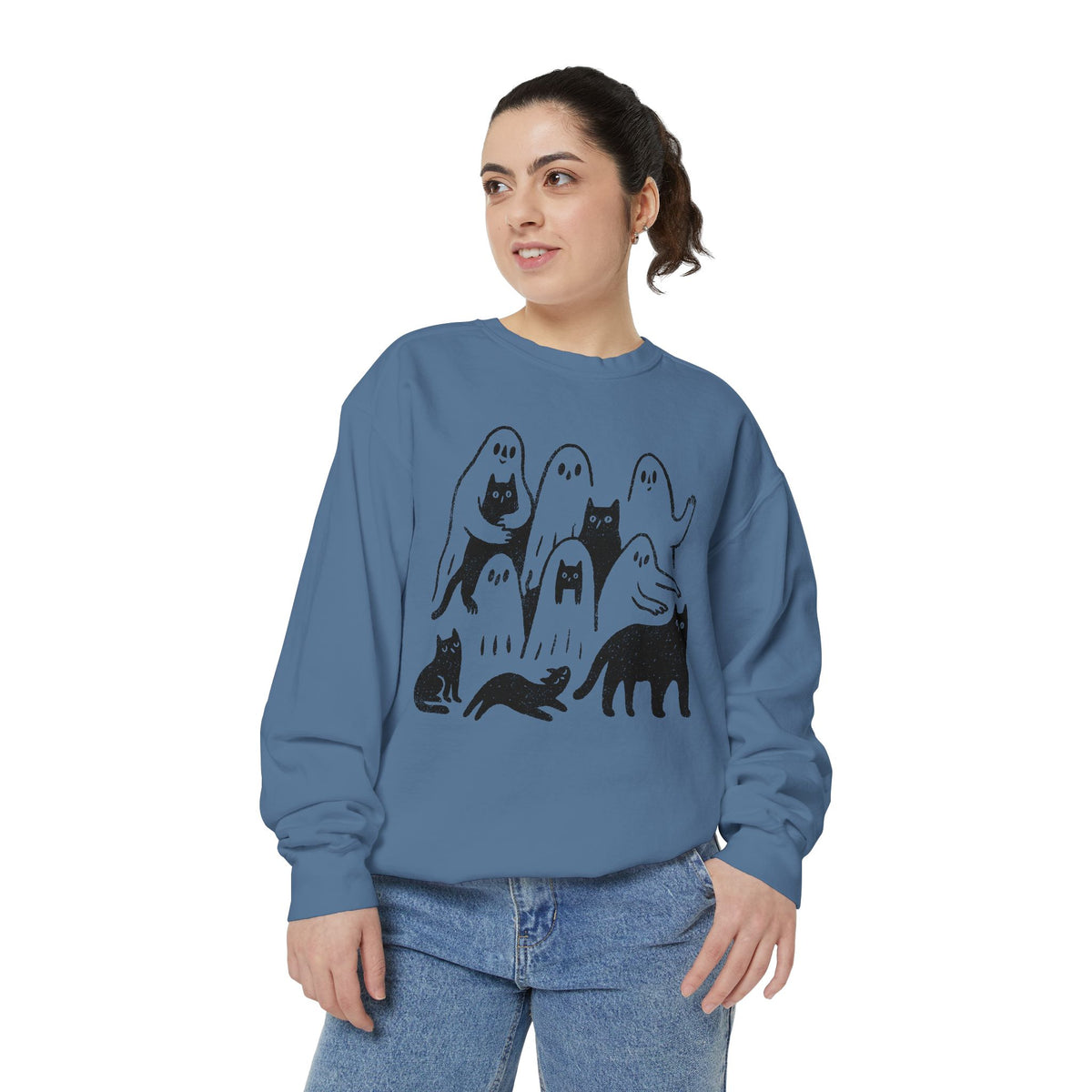 Ghost Cat Halloween Sweatshirt, Cute Spooky Cats and Ghosts Pullover, Cozy Pet Lover Gift, Minimal Black and White Fall Outfit for Women
