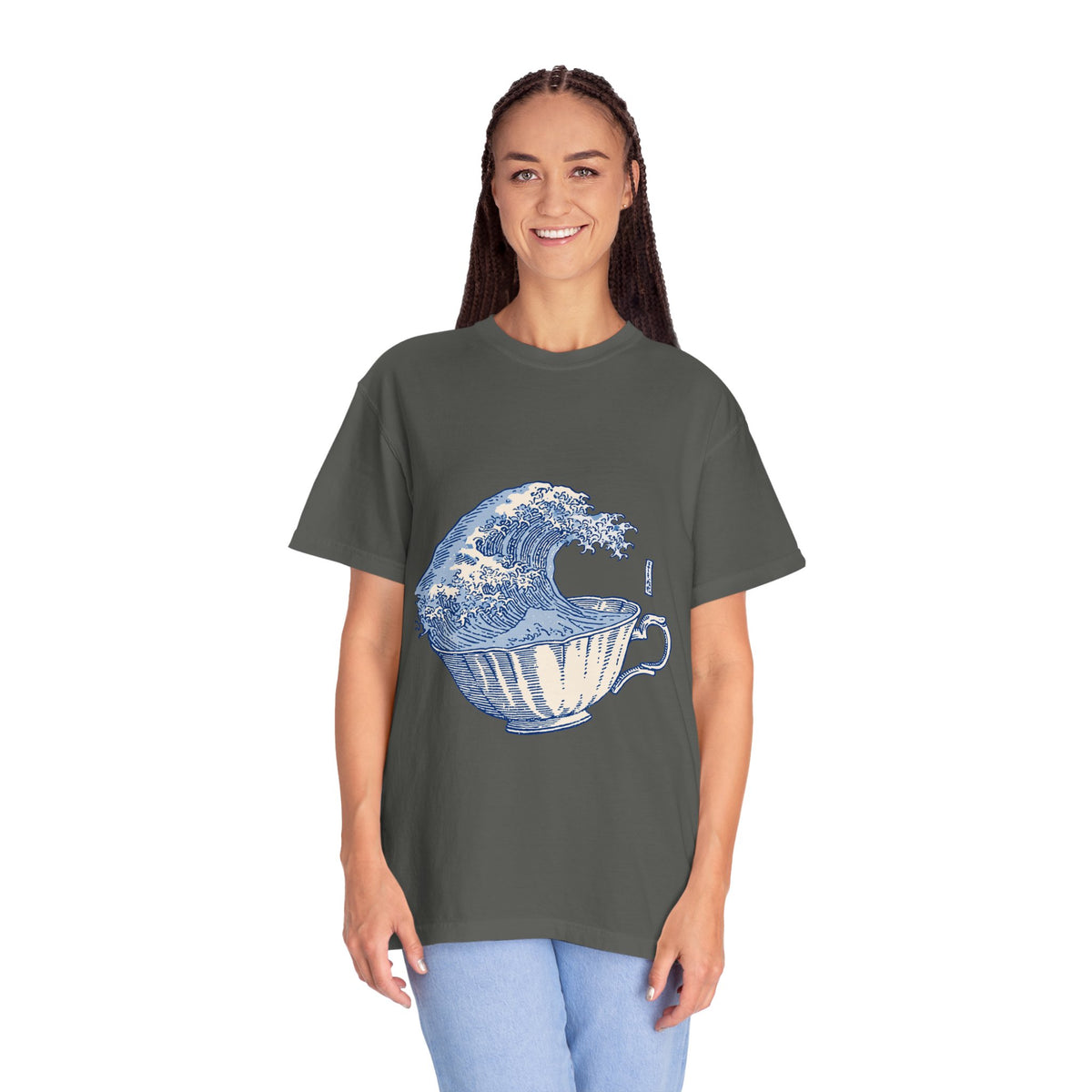 Great Wave Teacup Shirt, Japanese Art Inspired Ocean Graphic, Gift for Tea Lovers and Coastal Art Fans, Casual Cafe Weekend Outfit