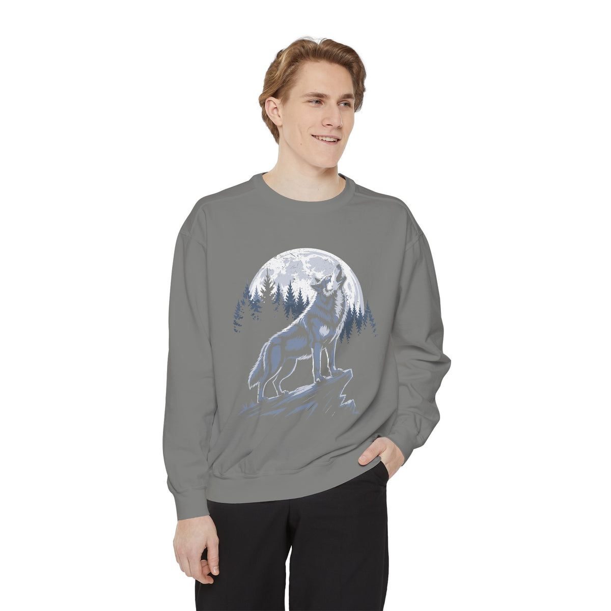 Howling Wolf Moon Sweatshirt, Mountain Forest Crewneck, Wildlife Lover Gift, Rustic Wilderness Graphic Cozy Outdoor Pullover Unisex Top