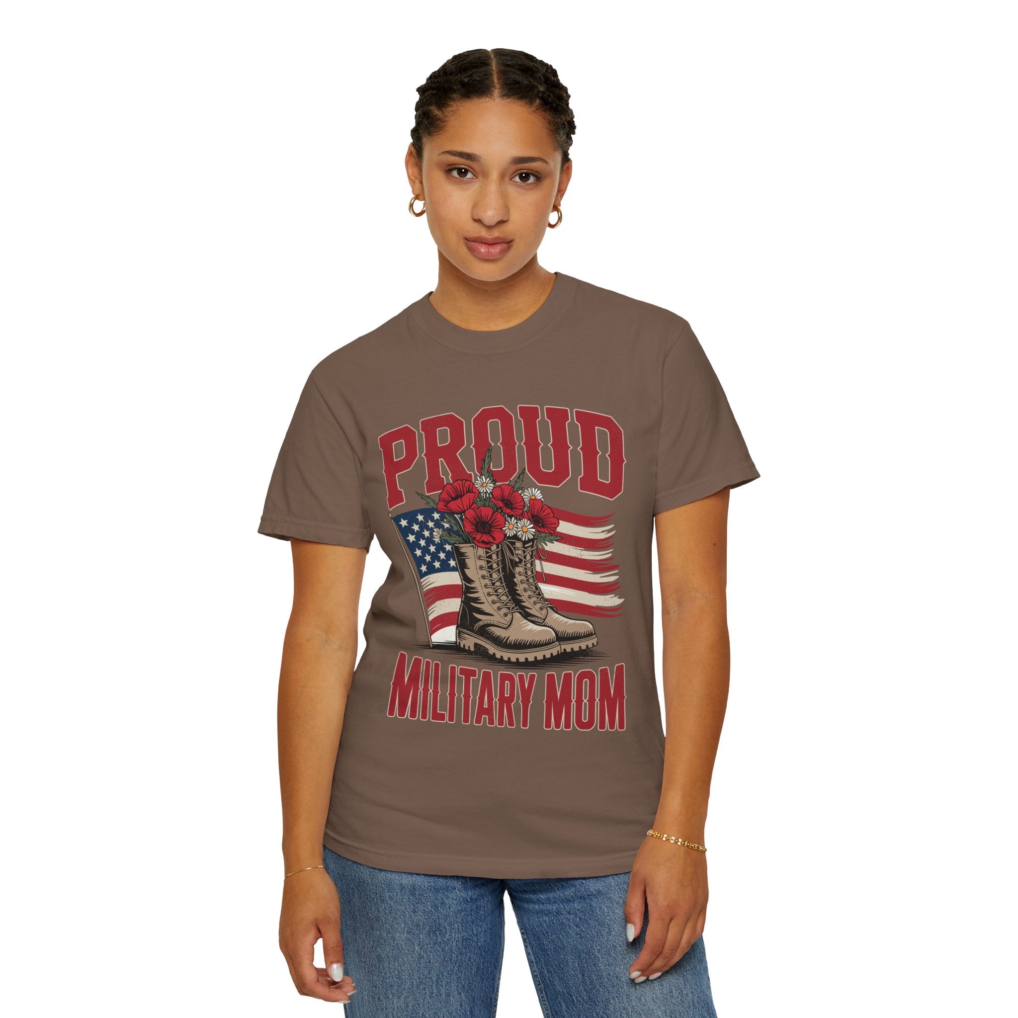 Proud Military Mom Shirt, Patriotic Army Mom T Shirt, Boots and Flowers Graphic Tee, American Flag Family Support Gift