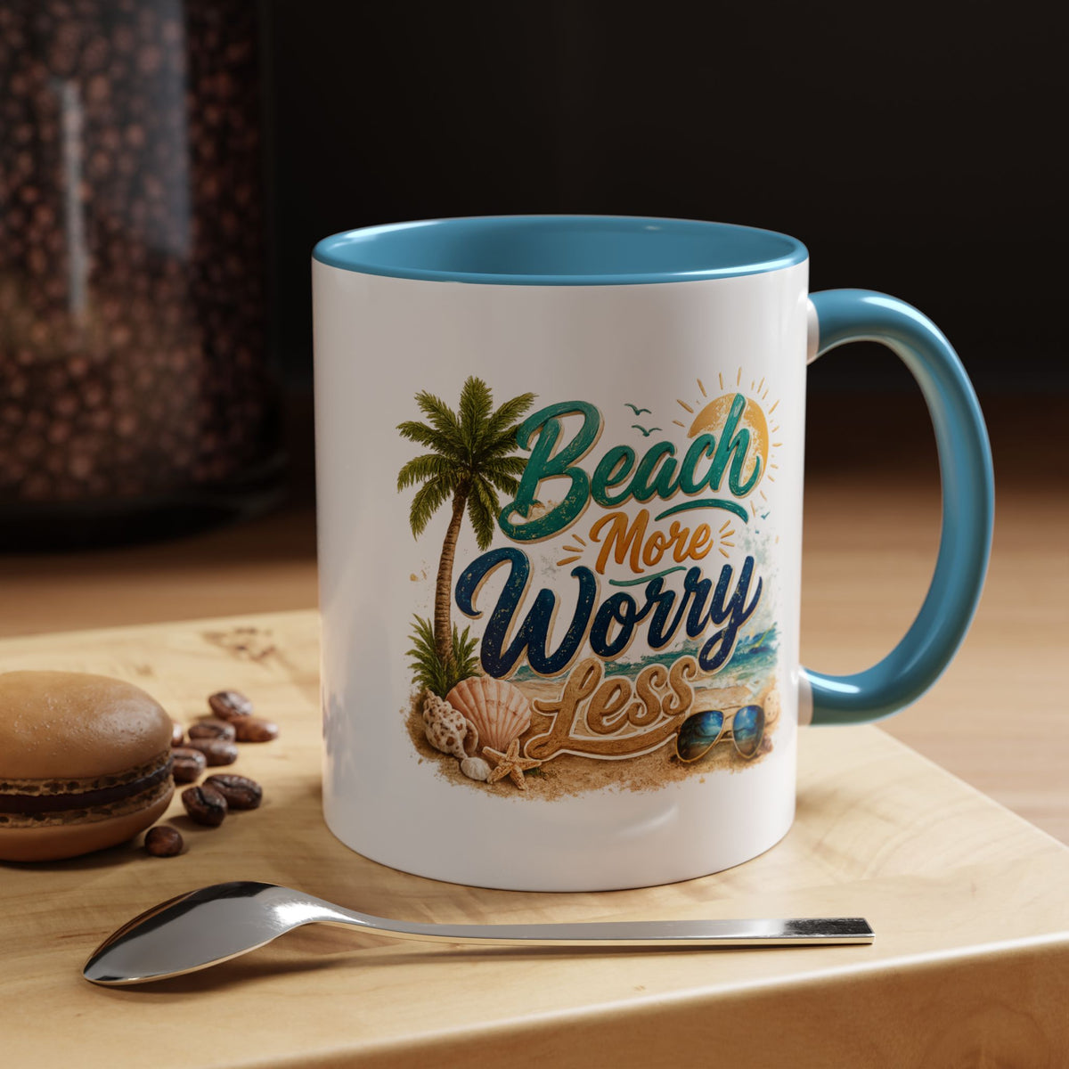 Beach More Worry Less Coffee Mug, Summer Vacation Gift for Ocean Lovers, Cute Tropical Palm Tree Ceramic Tea Cup with Dark Blue Handle