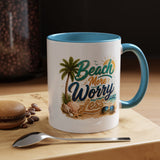 Beach More Worry Less Coffee Mug, Summer Vacation Gift for Ocean Lovers, Cute Tropical Palm Tree Ceramic Tea Cup with Dark Blue Handle