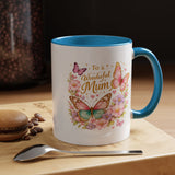 To a Wonderful Mum Coffee Mug, Cute Butterfly Birthday Gift for Mother, Floral Pastel Watercolor Ceramic Tea Cup with Pink Handle, Mum Gift