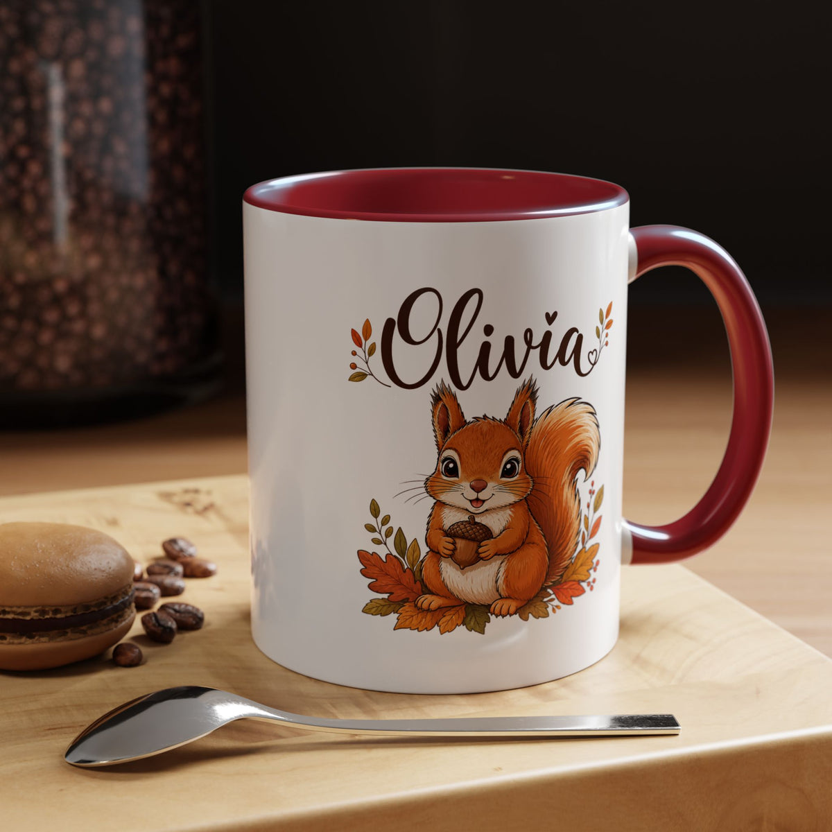 Personalized Squirrel Mug with Name, Autumn Woodland Coffee Cup, Cute Fall Animal Gift for Daughter, Nature Lover Birthday Keepsake