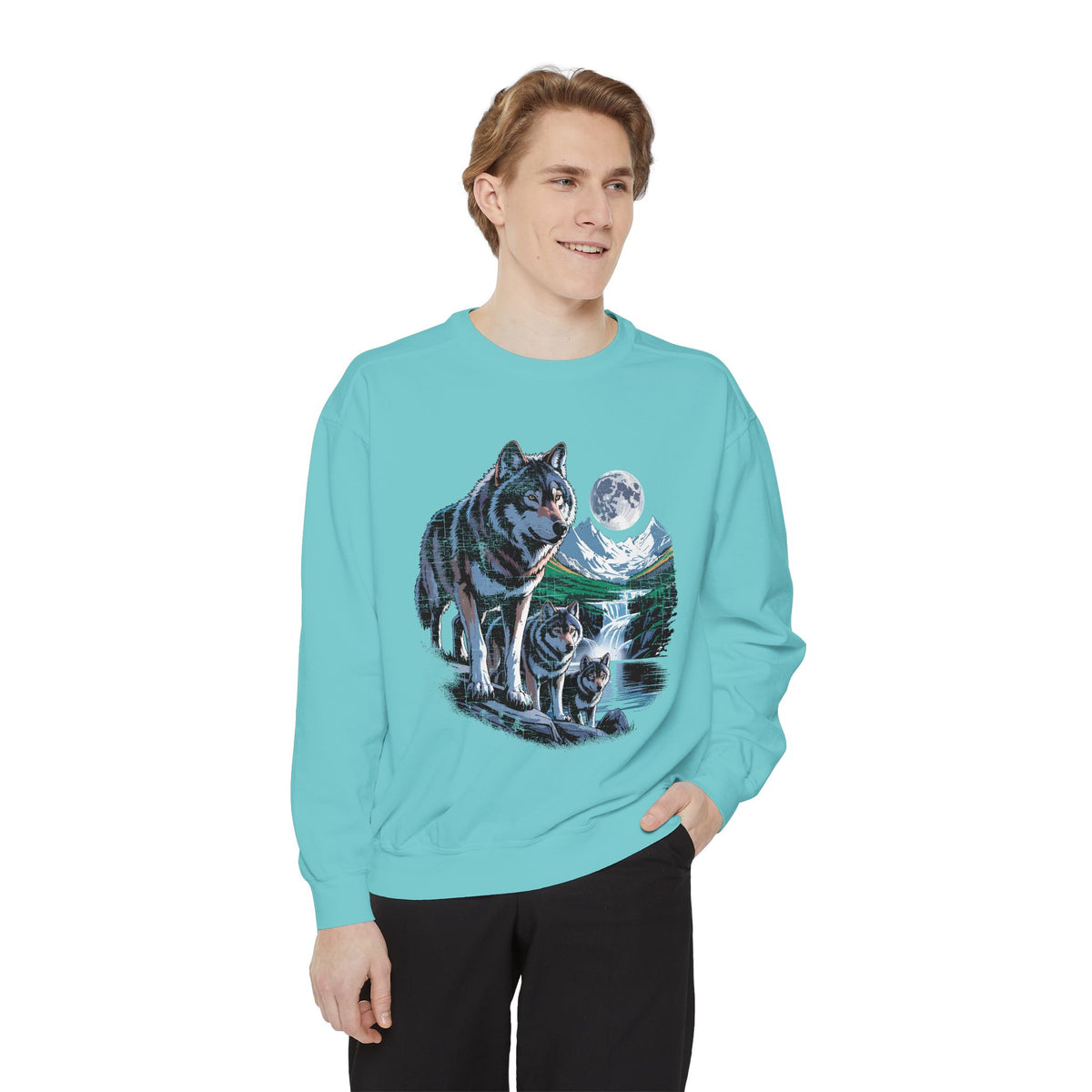 Wolf Pack Mountain Sweatshirt, Moonlit Wildlife Crewneck, Nature Lover Gift, Wilderness Forest Graphic Cozy Outdoor Pullover Unisex Top